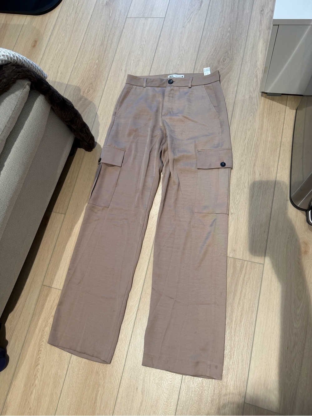 Zara Satin Cargo Pants in Taupe Brown